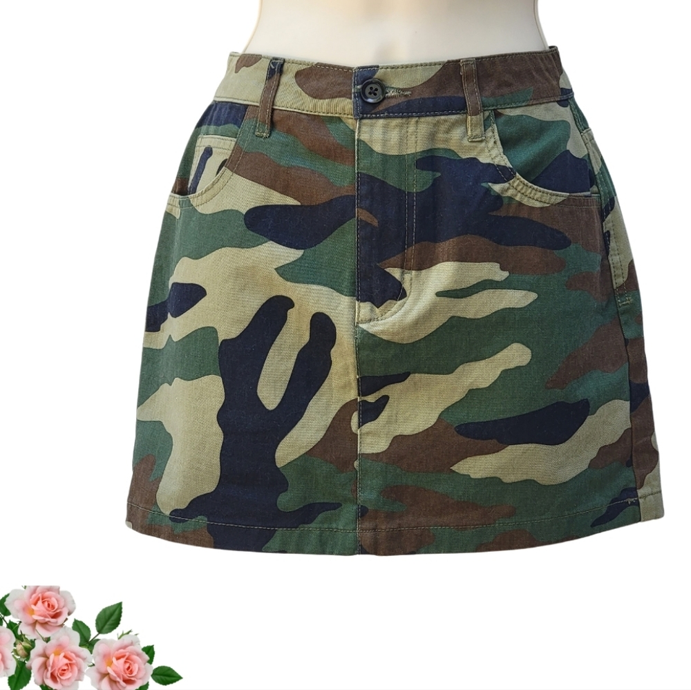Forever 21 Womens Size S Camouflage Warcore Army Denim A-Line Mini Skirt Green